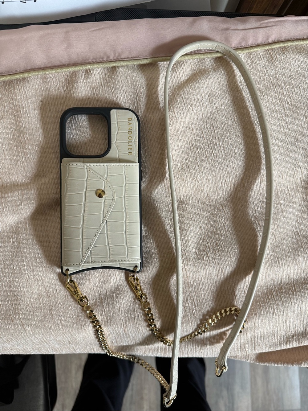 Bandolier Ivory Croc Embossed iPhone 16 Pro Crossbody with Gold Chain Strap